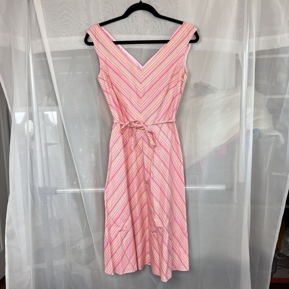 London Times striped midi dress size 4 waist tie preppy classic feminine pink